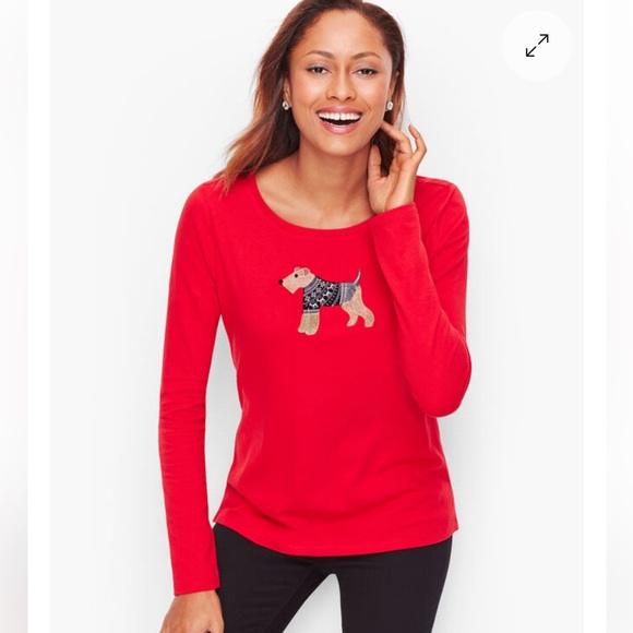NEW Talbots Red Long Sleeve T-shirt Tee Dog Terrier Puppy Casual Size Small - Picture 1 of 7